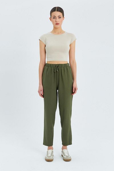 Mixray 4566 Model Women's Khaki Linen Trousers - Elastic Waist Design
