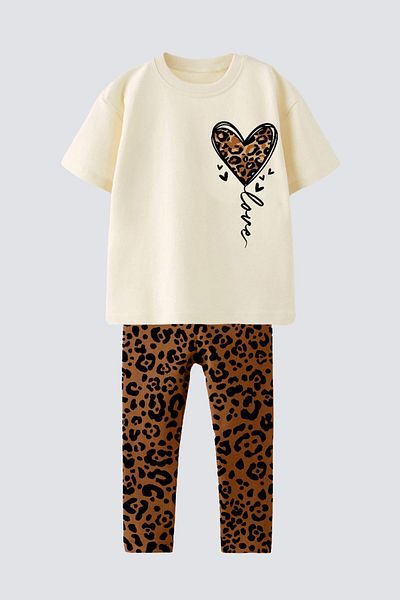 Monila Girl's Cotton Sandal Leopard Pattern Heart Tshirt and Leggings Bottom Top Set