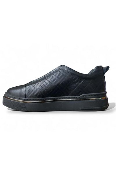 LUCIANO BELLINI Men's Leather Laceless Comfort Casual Shoes C11764 - Black - 44