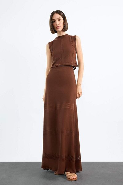 DeFacto 2-Piece Crochet Knitwear Set Crew Neck Sleeveless Blouse Stretchy Waisted Maxi Skirt F7466Ax25Hs