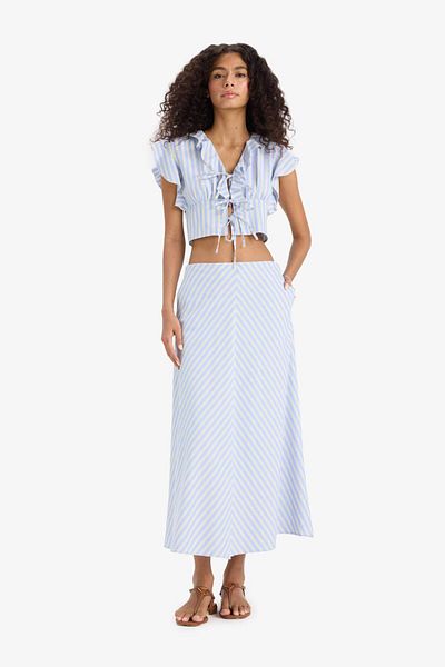 DeFacto Slim Fit Slim Fit V λαιμόκοψη ριγέ μπροστινή δέσιμο ποπλίνα αμάνικη μπλούζα F6058AX25SM