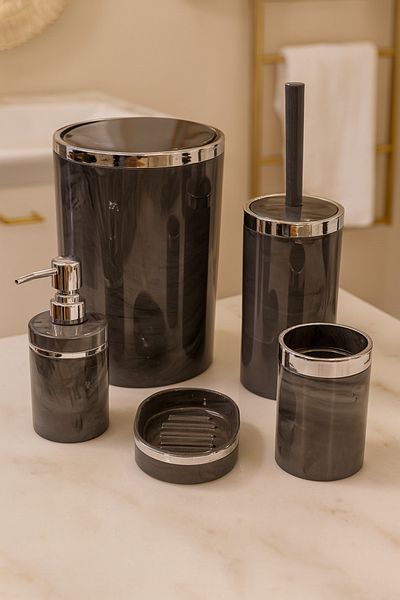 MAKRİ HOME 5 Piece Acrylic Bathroom Set, Stylish and High Quality Acrylic, Silver Color Detail, Gray Marble Pattern