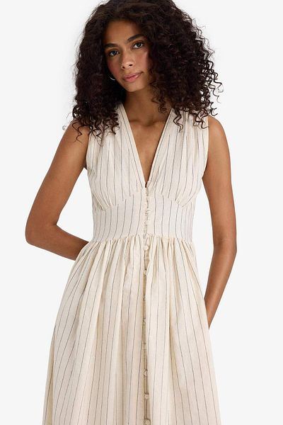 DeFacto V-Neck Striped Poplin Sleeveless Midi Dress F7284Ax25Sm