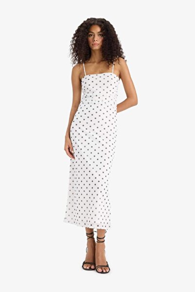 DeFacto Bodycon Bodycon Μίντι φόρεμα με τετράγωνο γιακά πουά με λουράκι F9258ax25sm