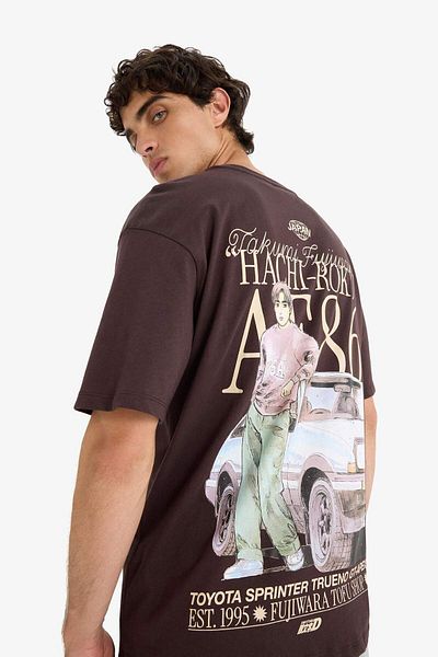DeFacto 100% Cotton Initial D Boxy Fit Crew Neck Back Printed Short Sleeve T-Shirt F4291Ax25Sm