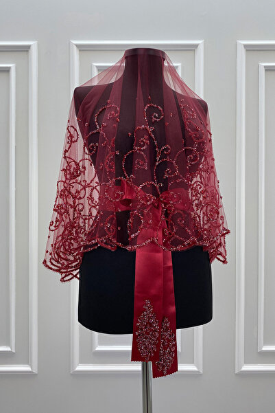 ZEYMERADE Bordo Gelin Duvak Seti, Cam Boncuk ve Pul Baskılı Kına Duvağı Seti ...