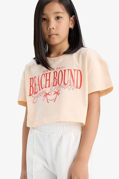 DeFacto Girls' Crop Crew Neck Printed Short Sleeve T-Shirt E0385A825Sm