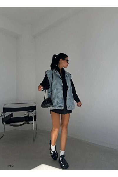 Ece Kadın Mavi Yan Cep Detaylı %100 Pamuk Denim Yelek Ceket -kadın