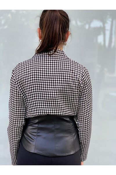 AYHAN Leather Detailed Crow's Feet Patterned Blouse
