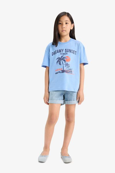 DeFacto Girls' Relax Fit Crew Neck Printed Short Sleeve T-Shirt E0390A825Sm