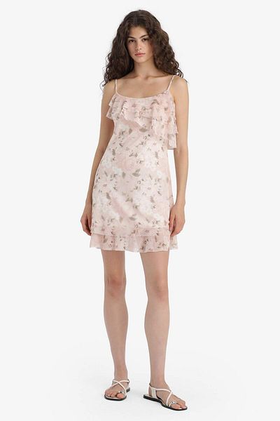 DeFacto Ruffled Neckline Floral Print Tulle Strap Mini Dress F6148Ax25Hs