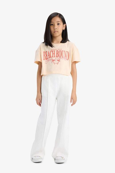 DeFacto Girls' Crop Crew Neck Printed Short Sleeve T-Shirt E0385A825Sm