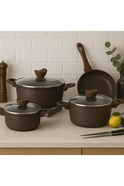 BAROLY طقم قدور جرانيت فاخر 7 قطع بغطاء زجاجي – متانة عالية وتصميم أنيق للمطب...