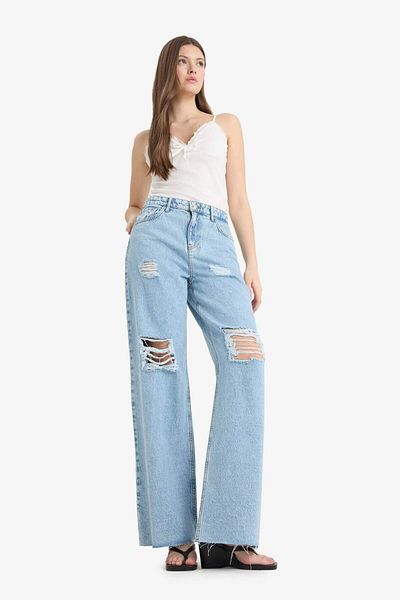 DeFacto 90er-Jahre-Jeans mit weitem Bein, zerrissenem Detail, hoher Taille und weitem Bein, lange Jeanshose E1702AX25SM