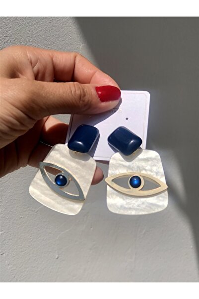 Gözde Tasarım Butik Women's Dark Blue White Rectangular Cut Imported Eye Pendant with Pearl