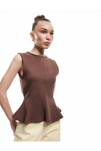 Koton Βαμβακερή Slim Fit Crew Neck Flounce Αμάνικη μπλούζα