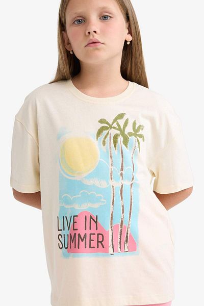 DeFacto Girls' Relax Fit Crew Neck Printed Short Sleeve T-Shirt E0353A825Sm
