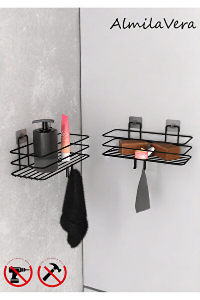 KapKacakAl Siyah Güçlü Yapışkanlı Kancalı Banyo Rafı 2 Adet.