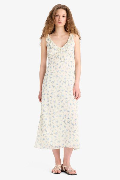 DeFacto V Neck Floral Chiffon Sleeveless Midi Summer Dress F2007Ax25Sm