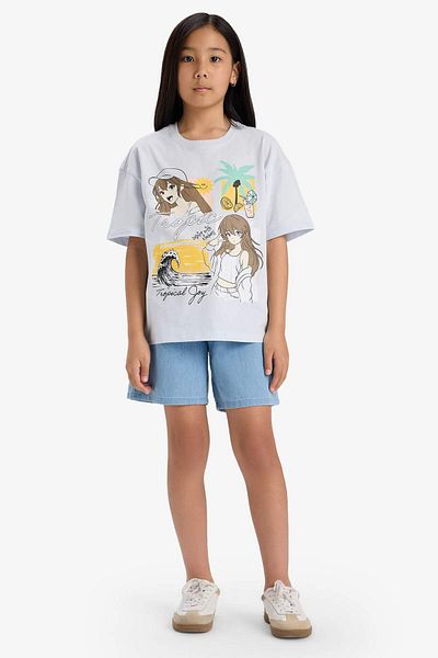 DeFacto Girl's Oversize Wide Fit Crew Neck Printed Short Sleeve T-Shirt E0356A825Sm
