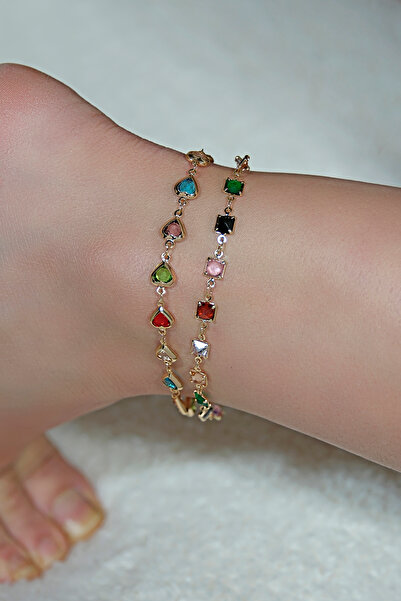 ÖZÜM TAKI Women's Steel 2-Piece Colorful Heart Square Stone Anklet Gold