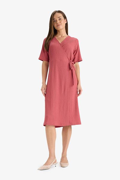 DeFacto Regular Fit V Neck Double Breasted Closure Short Sleeve Midi Summer Dress F3913Ax25Hs