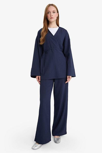 DeFacto Relax Fit 2 Piece Set Seersucker Textured Long Sleeve Kimono Trousers F4095Ax25Sm