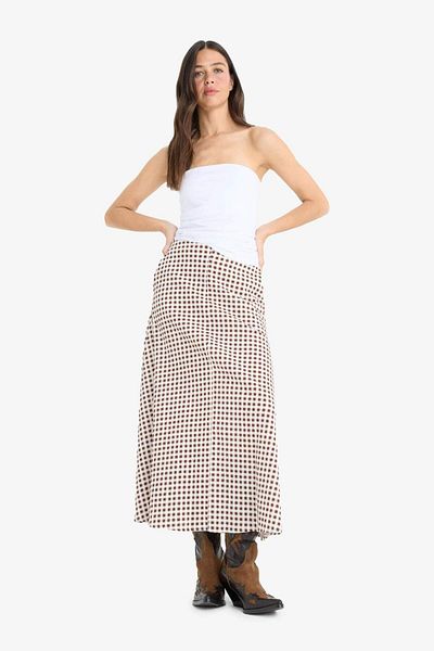 DeFacto A-Line Gingham Regular Waist Seersucker Textured Maxi Skirt F5805Ax25Sm