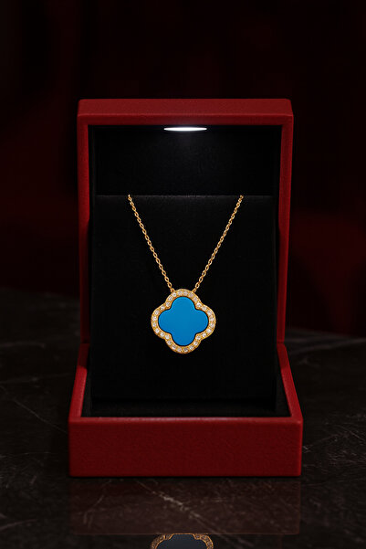 KAR DİAMOND 925 Ayar Gümüş Altın Kaplama Firuze Taşlı Yonca Kolye - Sertifika...