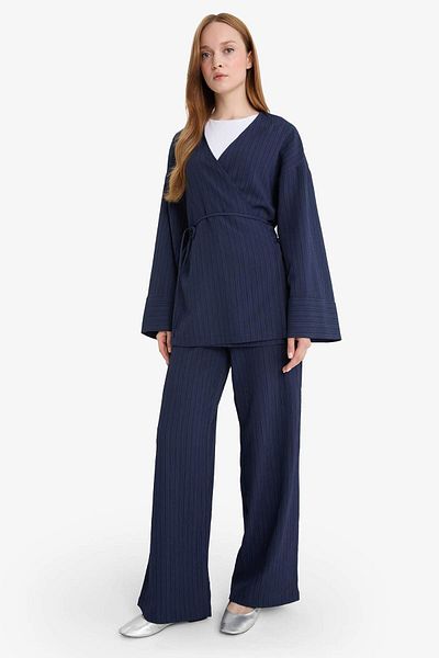 DeFacto Relax Fit 2 Piece Set Seersucker Textured Long Sleeve Kimono Trousers F4095Ax25Sm