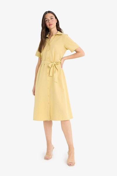 DeFacto A-Line Shirt Collar Belted Poplin Short Sleeve Midi Dress E7114Ax25Sp
