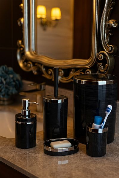 MAKRİ HOME 5 Piece Acrylic Bathroom Set, Stylish and High Quality Acrylic, Silver Color Detail, Black