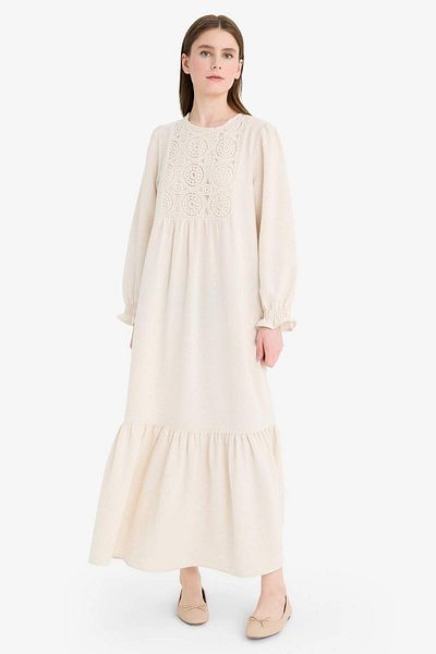 DeFacto Rochie maxi cu mânecă lungă din amestec de in, cu decolteu, Relax Fit F1384ax25sm