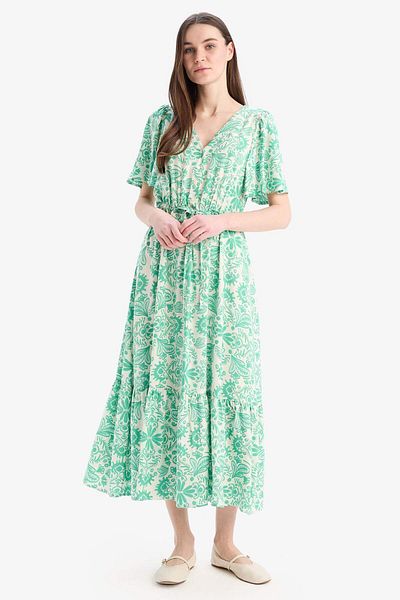 DeFacto V-Neck Floral Print Lace-Up Short Sleeve Midi Summer Dress D2835Ax25Sm