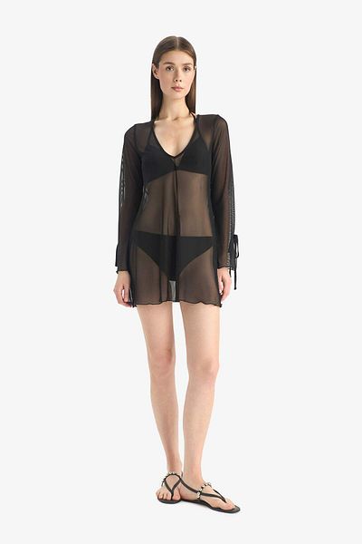 DeFacto V-Neck Lace-Up Tulle Beach Dress-Fall in Love E1039Ax25Sp