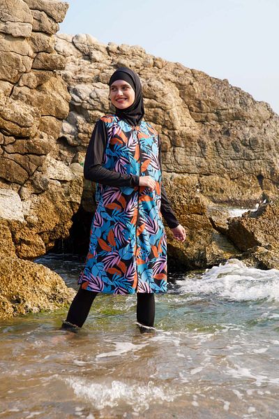vawensea Women's Sleeves and Tights Lycra and Body Parachute Hijab Swimsuit Blue Leaf