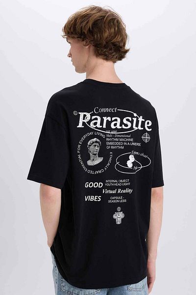 DeFacto 100% Cotton Boxy Fit Crew Neck Back Printed Short Sleeve T-Shirt E4545Ax25Sm