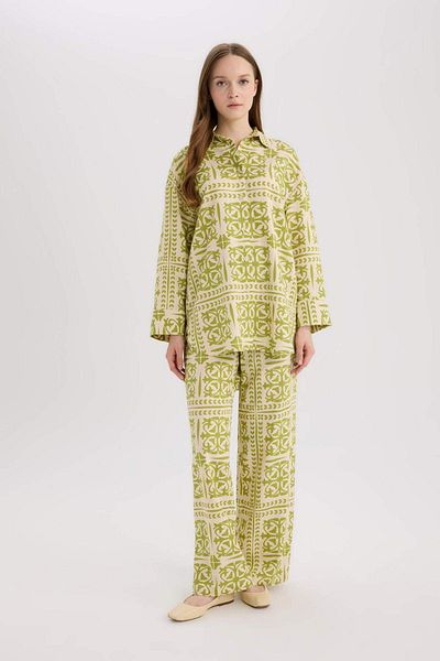 DeFacto Wide Leg Patterned Stretchy Waisted Linen Blended Wide Leg Pants D8188Ax25Sp