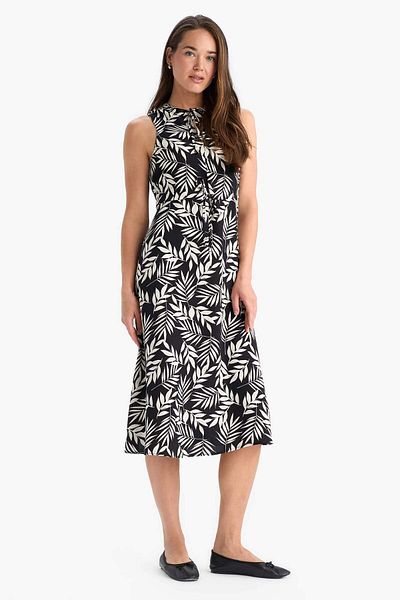 DeFacto Regular Fit Gathered Neckline Floral Print Sleeveless Midi Summer Dress E9436Ax25Sm