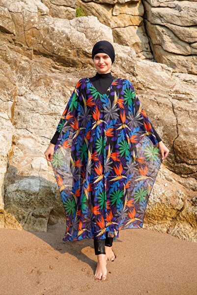 vawensea Kadın Tesettür Mayo Üzerine v Yaka Kaftan Pareo Tropikal Desenli