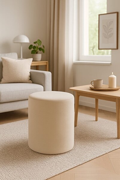EVREKA Bej Krem Baby Face Pufy Kumaş Süngerli Silindir Puf Bench Tabure