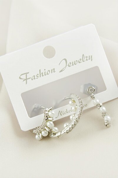 Ronanna LVSQVR 3 قطع أقراط مرصعة باللؤلؤ والزركون (95743) - لون فضي