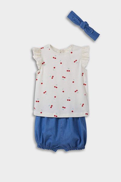 DeFacto Baby Girl 3-Piece Set Fruit Pattern Short Sleeve T-Shirt Soft Jean Shorts Headband E8363A525Sm