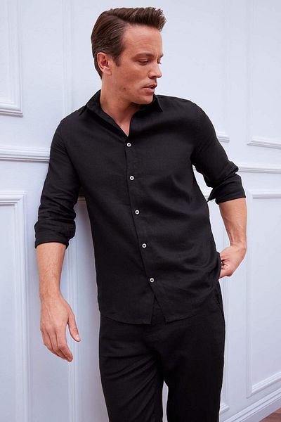 DeFacto 100% Linen Regular Fit Polo Neck Summer Long Sleeve Shirt D9925Ax25Sp