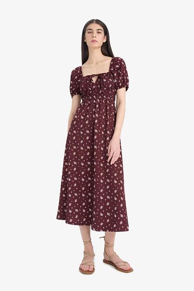 DeFacto Rochie midi cu mânecă scurtă, cu guler pătrat, cu flori E5927AX25SP
