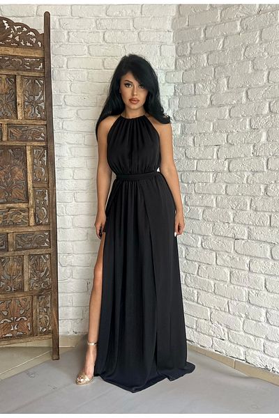 moneta boutique Rochie lungă cu fantă pentru femei cu accesorii aurii