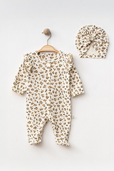 O Baby Leopar Desenli Fırfırlı Şapkalı Tulum - Kız Bebek - %100 Pamuk Yenidoğan Set