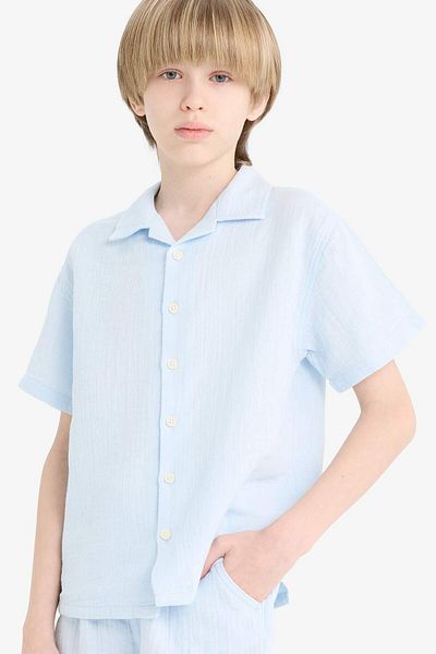 DeFacto Boy's Oversize Wide Fit Polo Neck Muslin Short Sleeve Shirt W3239A625Hs