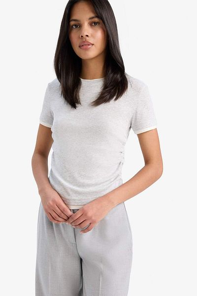 DeFacto Slim Fit Slim Fit Crew Neck Basic Plain Ribbed Short Sleeve Pink T-Shirt F3504Ax25Sm