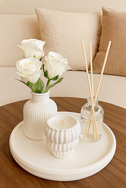 Havalı Tasarım Beyaz Dekoratif LCW Mumluk & Çizgili Vazo & Freşh Oda Kokusu Seti | Bambu Çubuklu Şık Tasarım